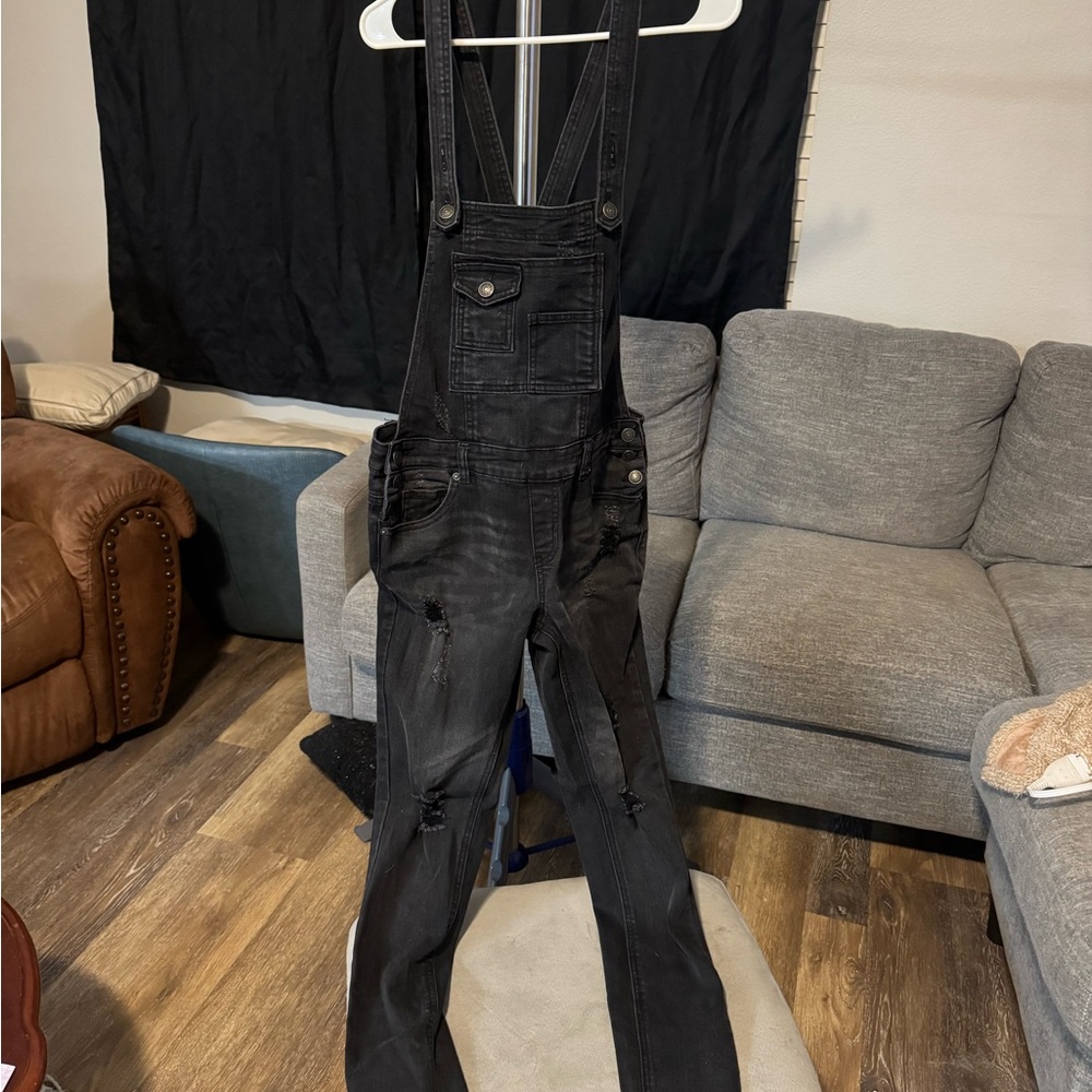 Almost Famous Black Slim Straight Distressed Overalls